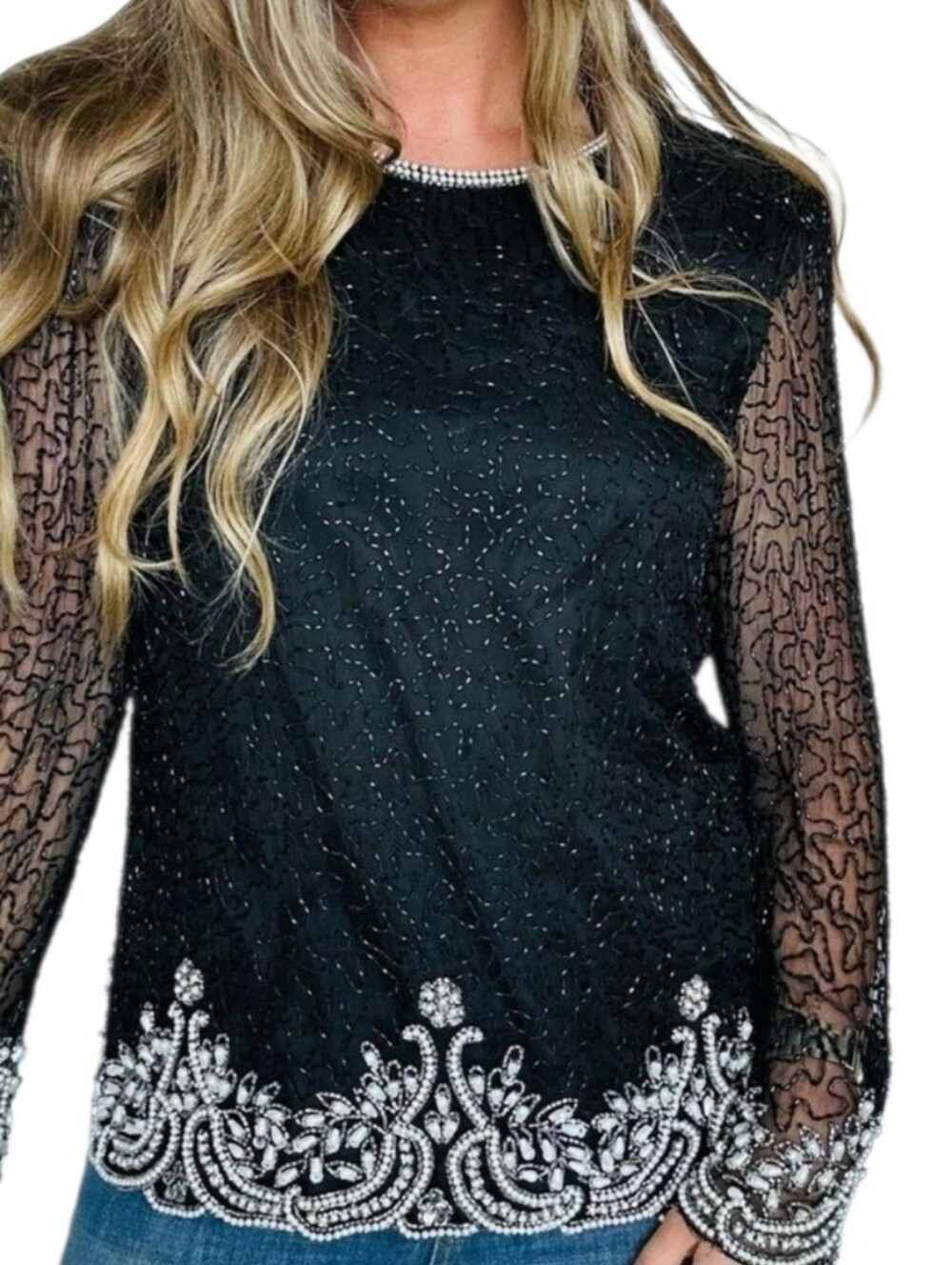 Lawrence Kazar Beaded Top Blouse 100% Silk Size L Elegant Holiday Party Fancy